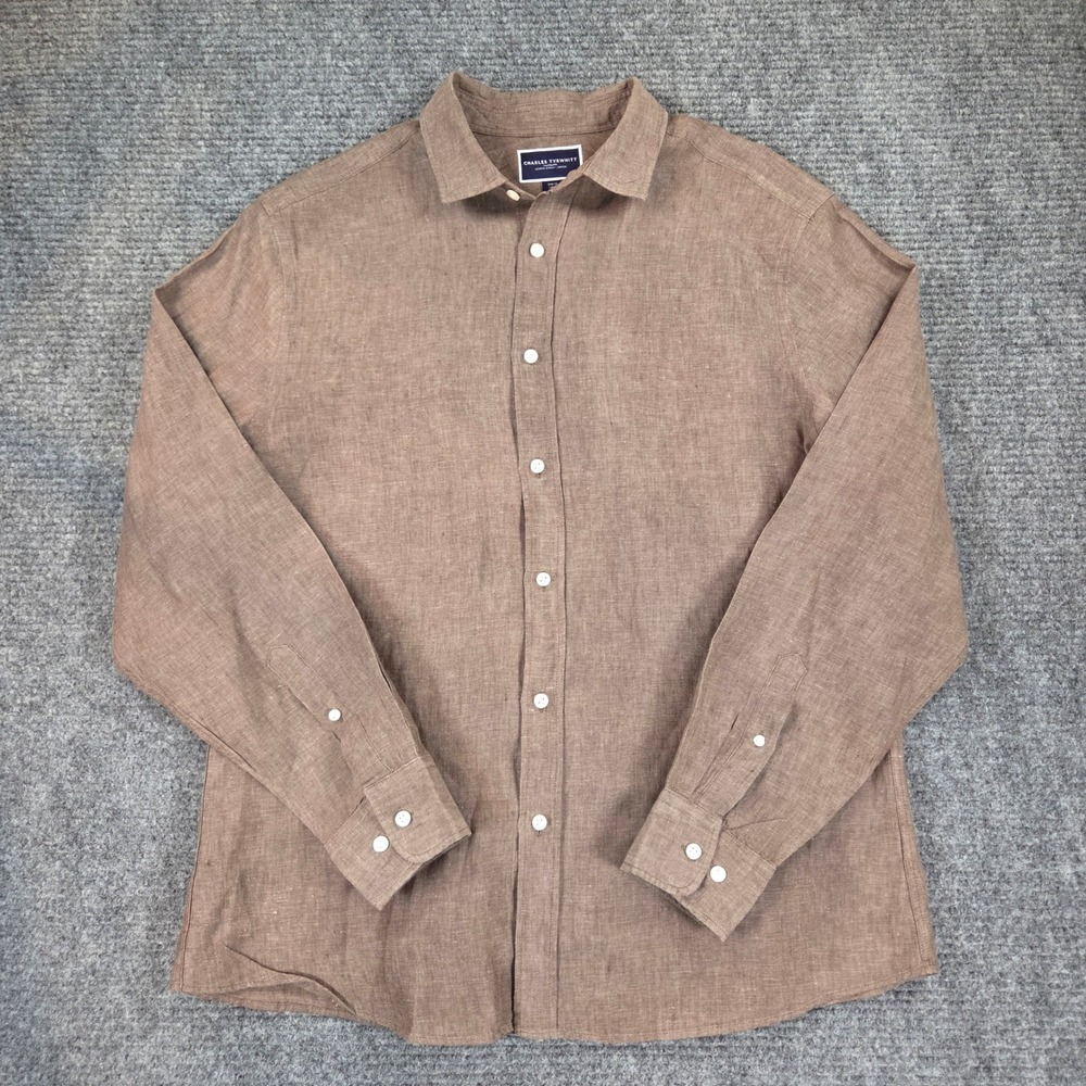 Charles Tyrwhitt Brown 100% Linen Slim Fit Button Down Shirt Mens Large